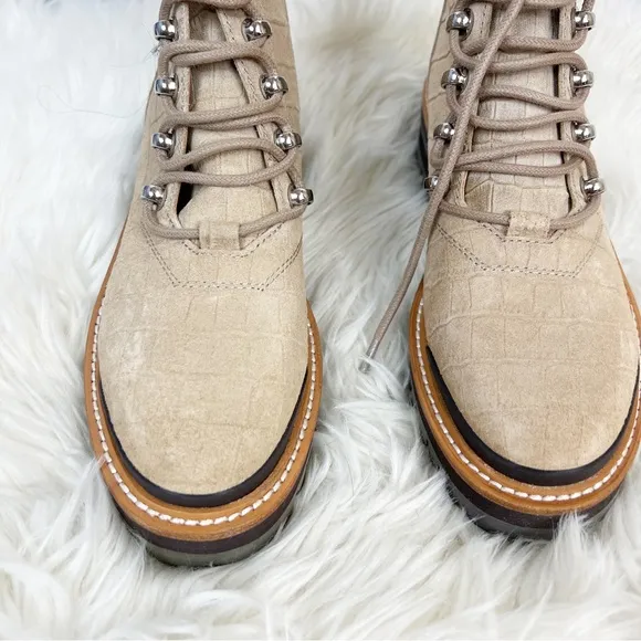 NWOB Marc Fisher Izzie Lugsole Lace Up Ankle Boots in Natural Croc Suede