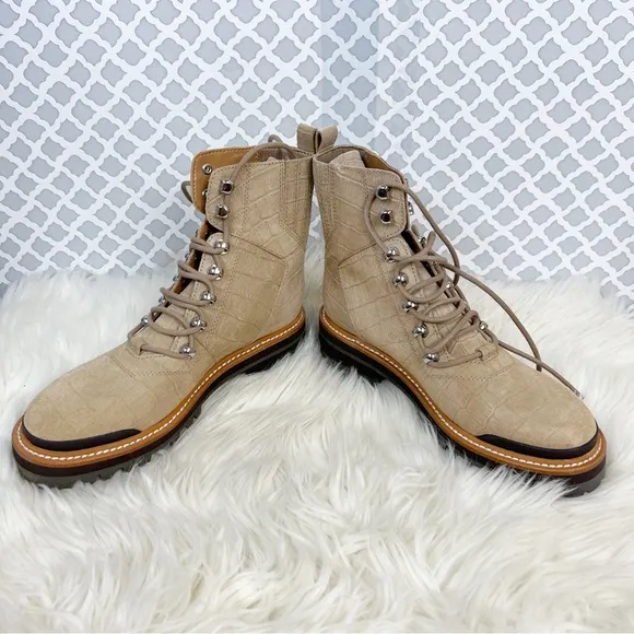 NWOB Marc Fisher Izzie Lugsole Lace Up Ankle Boots in Natural Croc Suede