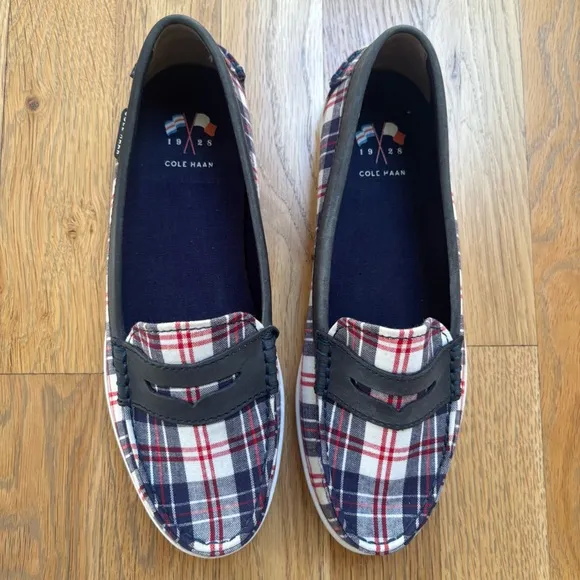 NWOT Cole Haan Nantucket Penny Loafer Red Blue Madras Plaid Women's 6.5 W06072