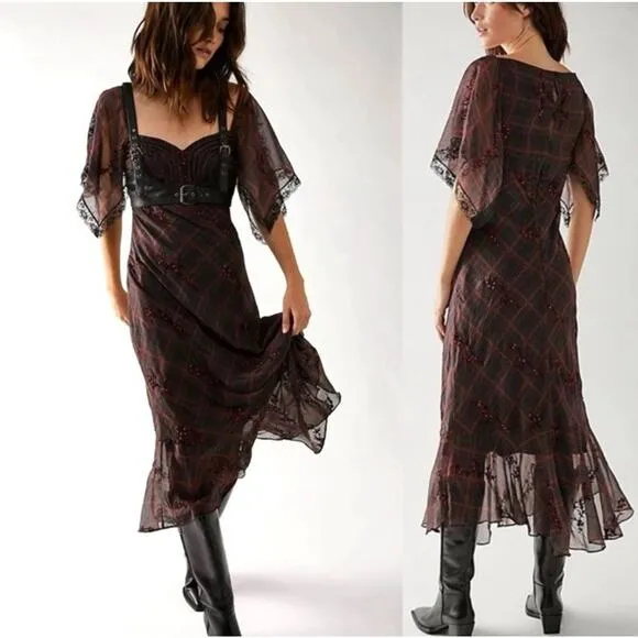 NWOT Free People Grunge WhimsyGoth Plaid Sheer Midi Dress Size 8 Fallen Flowers