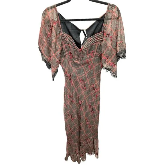 NWOT Free People Grunge WhimsyGoth Plaid Sheer Midi Dress Size 8 Fallen Flowers