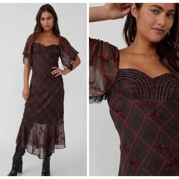 NWOT Free People Grunge WhimsyGoth Plaid Sheer Midi Dress Size 8 Fallen Flowers