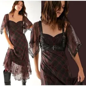 NWOT Free People Grunge WhimsyGoth Plaid Sheer Midi Dress Size 8 Fallen Flowers