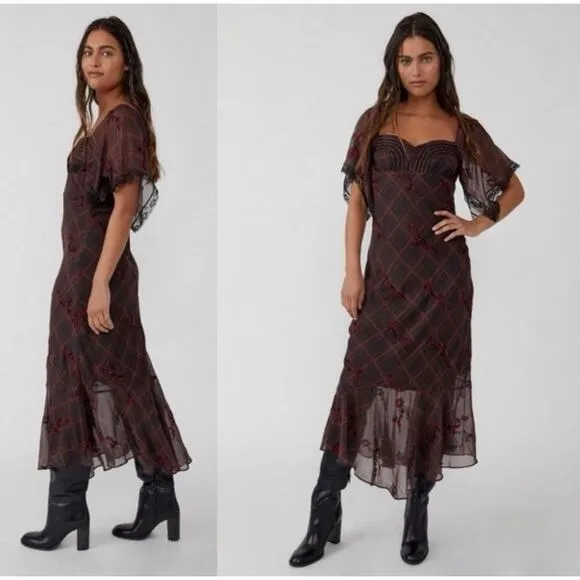 NWOT Free People Grunge WhimsyGoth Plaid Sheer Midi Dress Size 8 Fallen Flowers