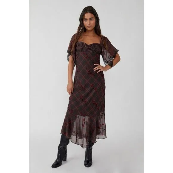 NWOT Free People Grunge WhimsyGoth Plaid Sheer Midi Dress Size 8 Fallen Flowers