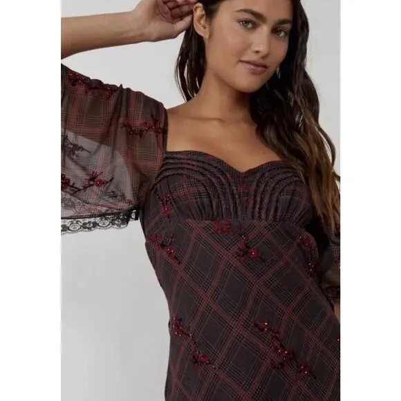 NWOT Free People Grunge WhimsyGoth Plaid Sheer Midi Dress Size 8 Fallen Flowers