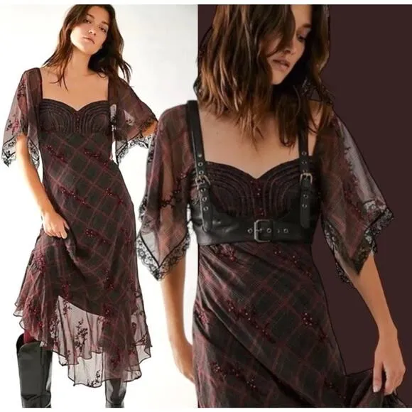 NWOT Free People Grunge WhimsyGoth Plaid Sheer Midi Dress Size 8 Fallen Flowers