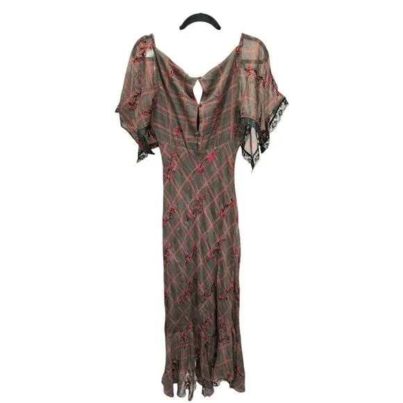 NWOT Free People Grunge WhimsyGoth Plaid Sheer Midi Dress Size 8 Fallen Flowers