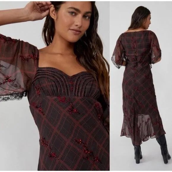 NWOT Free People Grunge WhimsyGoth Plaid Sheer Midi Dress Size 8 Fallen Flowers
