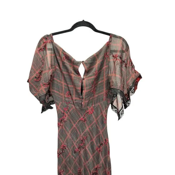 NWOT Free People Grunge WhimsyGoth Plaid Sheer Midi Dress Size 8 Fallen Flowers