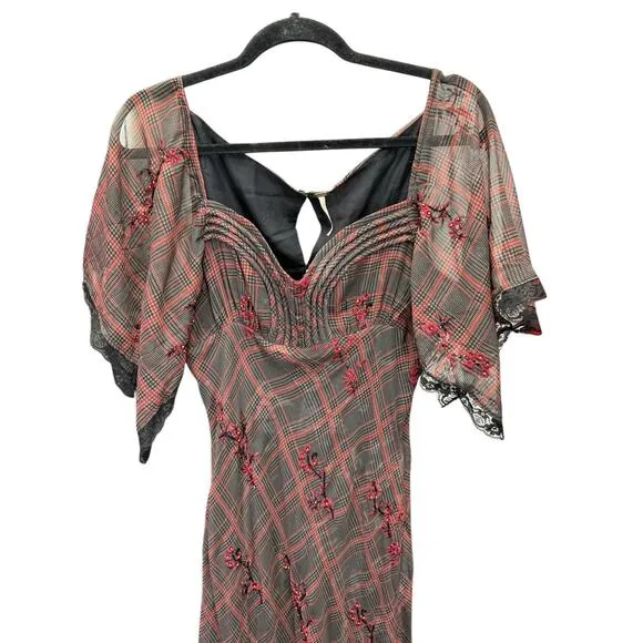 NWOT Free People Grunge WhimsyGoth Plaid Sheer Midi Dress Size 8 Fallen Flowers