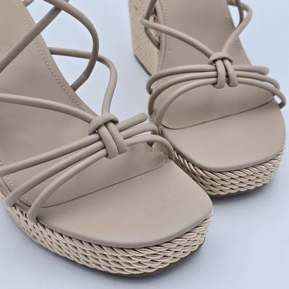 NWOT Marc Fisher Zarah Faux Leather Strappy Wedge Heels, Lite Latte 110, Sz. 11M