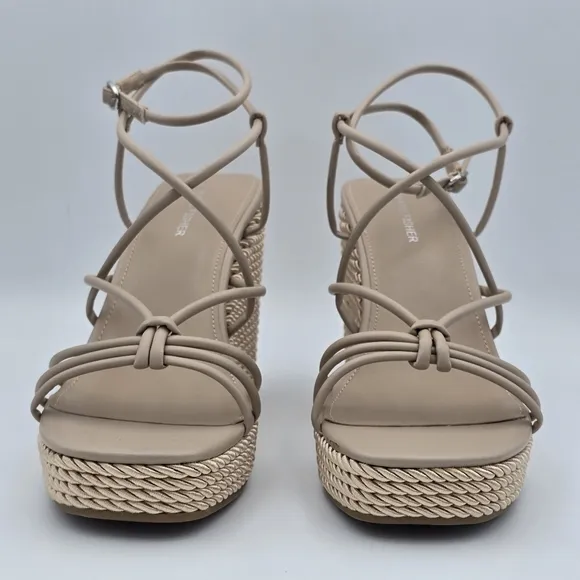 NWOT Marc Fisher Zarah Faux Leather Strappy Wedge Heels, Lite Latte 110, Sz. 11M