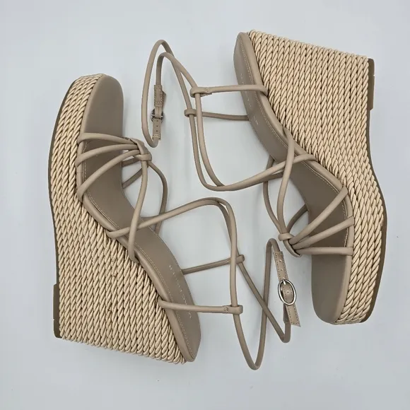 NWOT Marc Fisher Zarah Faux Leather Strappy Wedge Heels, Lite Latte 110, Sz. 11M