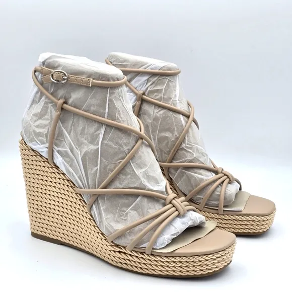 NWOT Marc Fisher Zarah Faux Leather Strappy Wedge Heels, Lite Latte 110, Sz. 11M