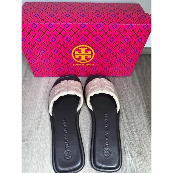 NWOT Tory Burch Double T Sport Slide Sandals Black &amp; White size 7 $198