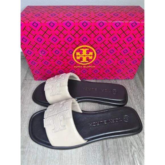 NWOT Tory Burch Double T Sport Slide Sandals Black &amp; White size 7 $198
