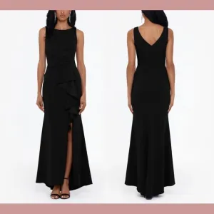 NWT $219 Betsy &amp; Adam [ 12‎ ] Christine Scuba Crepe Ruffled Bow Gown Black