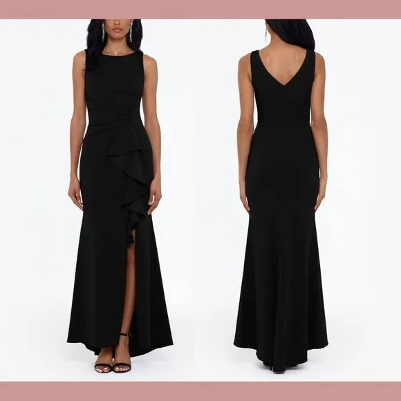 NWT $219 Betsy &amp; Adam [ 12‎ ] Christine Scuba Crepe Ruffled Bow Gown Black