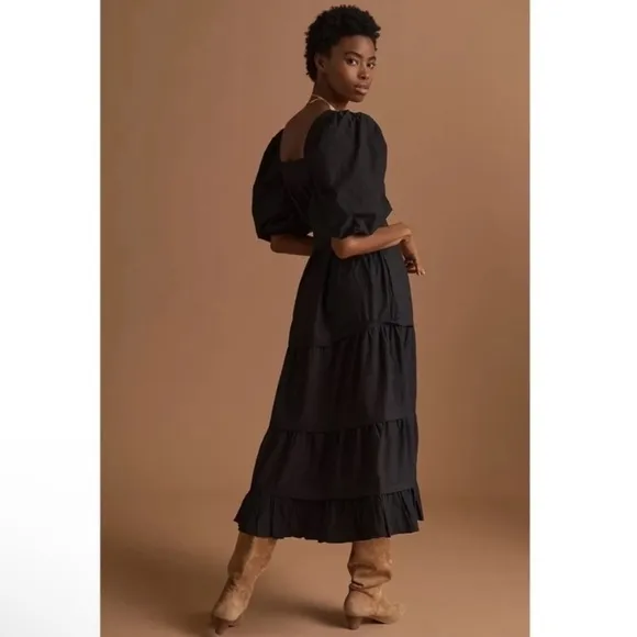 NWT Anthropologie Black Tiered Poplin Cotton Maxi Dress Medium