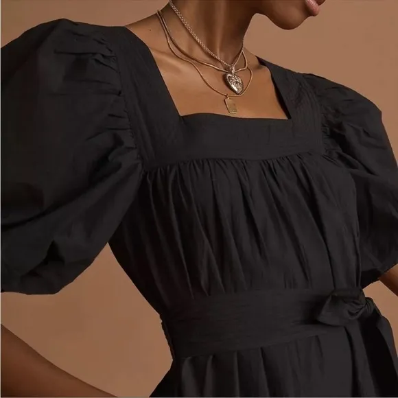 NWT Anthropologie Black Tiered Poplin Cotton Maxi Dress Medium