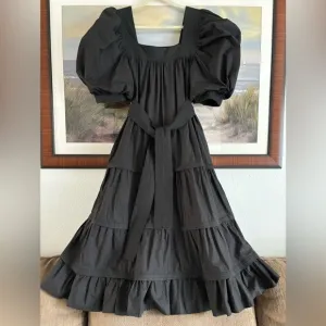 NWT Anthropologie Black Tiered Poplin Cotton Maxi Dress Medium