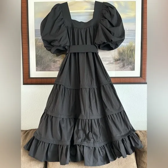 NWT Anthropologie Black Tiered Poplin Cotton Maxi Dress Medium