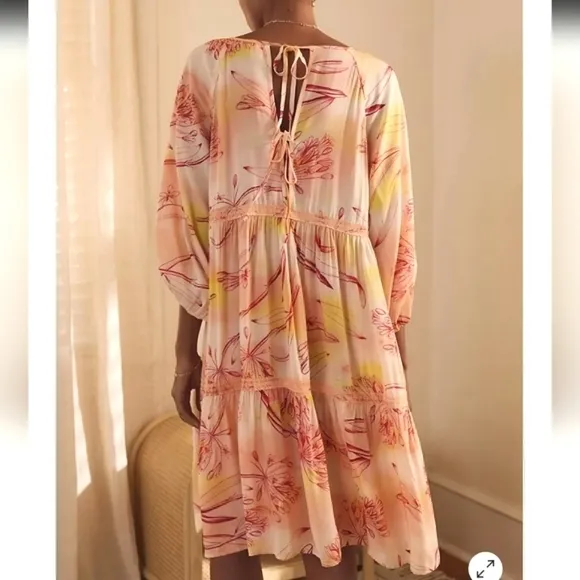 NWT Anthropologie Floral Sunset tiered puff sleeve dress size small