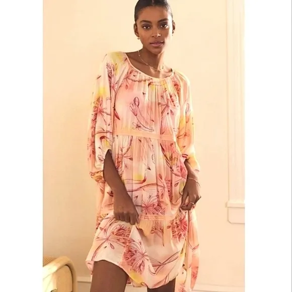 NWT Anthropologie Floral Sunset tiered puff sleeve dress size small
