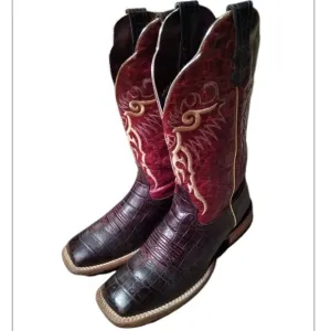NWT Ariat Western Boots Chocolate Gator Print/Red Appy Wide Square Toe 11” Boots