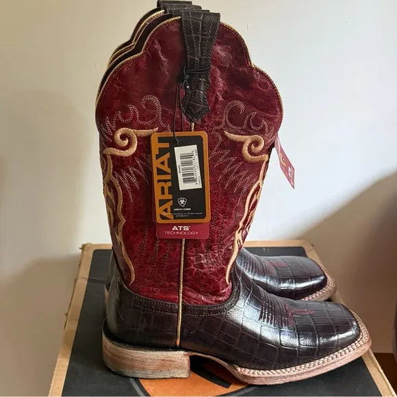 NWT Ariat Western Boots Chocolate Gator Print/Red Appy Wide Square Toe 11” Boots