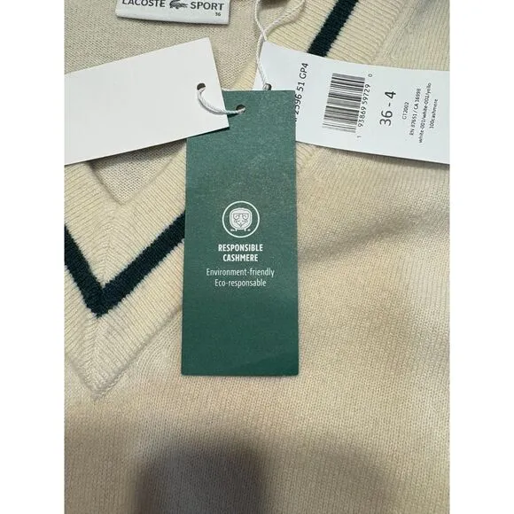 NWT Authentic Lacoste Sport Cashmere V Neck Sweater Size S
