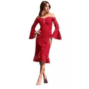 NWT Boston Proper Bell Sleeve Off The Shoulder Lace Midi Dress Women Size 6 Red