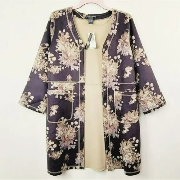NWT Chelsea &amp; Theodore Floral Print Open Front Faux Suede Jacket