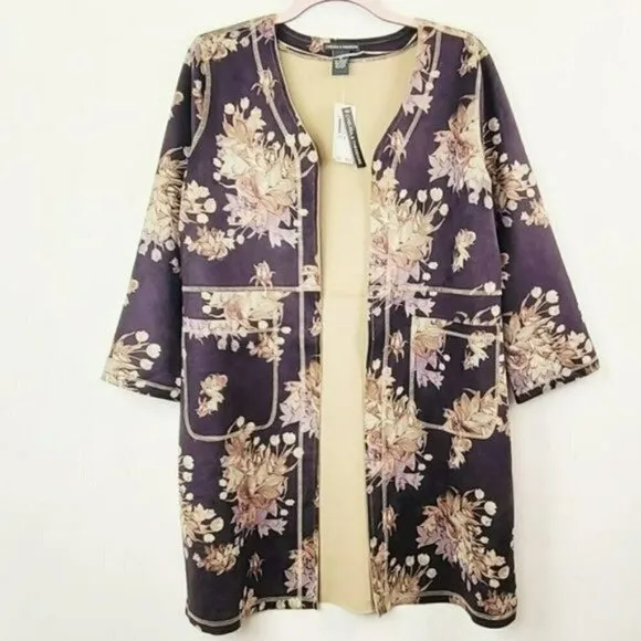 NWT Chelsea &amp; Theodore Floral Print Open Front Faux Suede Jacket