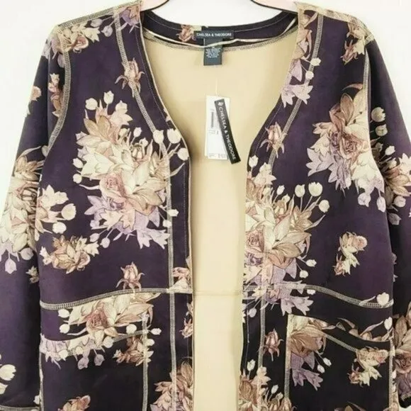 NWT Chelsea &amp; Theodore Floral Print Open Front Faux Suede Jacket