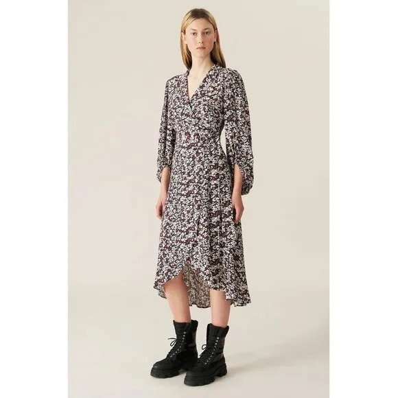 NWT Ganni phantom floral printed midi wrap dress
