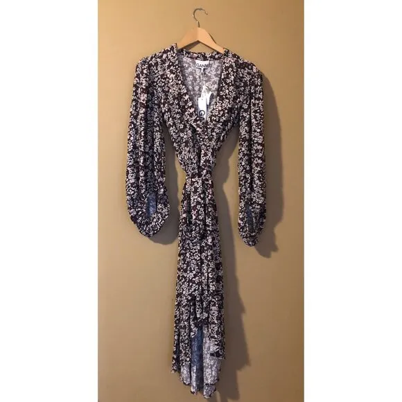 NWT Ganni phantom floral printed midi wrap dress