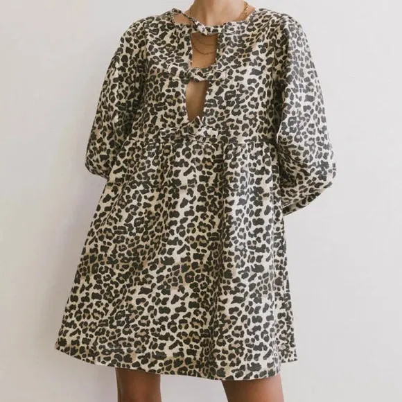 NWT Leopard Boho Print Peplum Mini Dress Tie Front Puff Sleeves Size Small