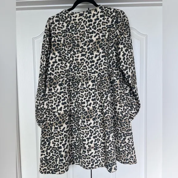 NWT Leopard Boho Print Peplum Mini Dress Tie Front Puff Sleeves Size Small