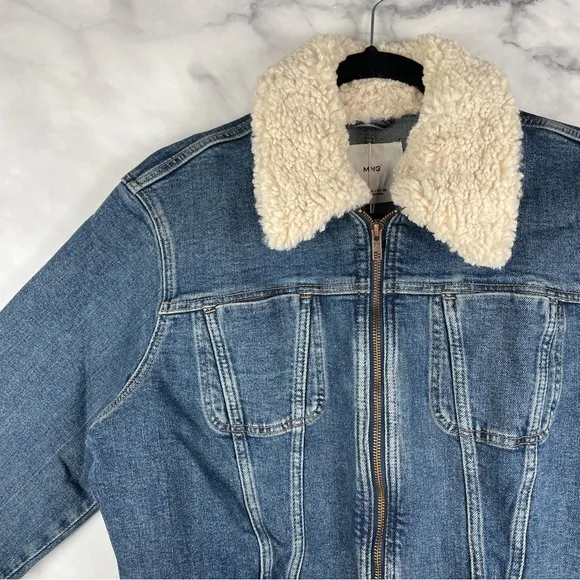 NWT Mango Mng Gio Sherpa Shearling Collar Zip Up Biker Moto Denim Jacket Blue XL