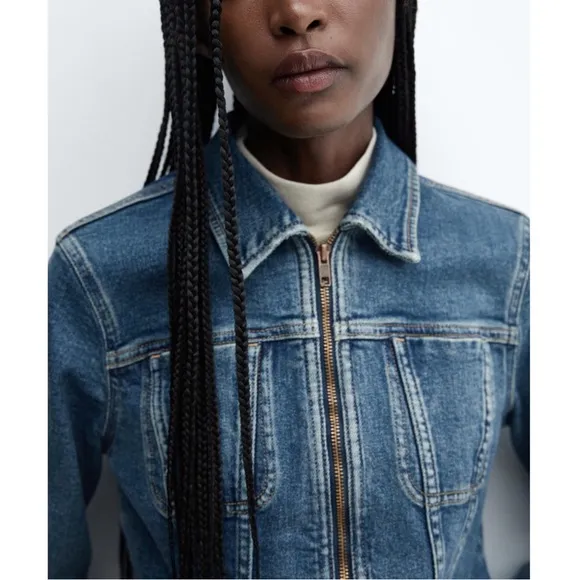 NWT Mango Mng Gio Sherpa Shearling Collar Zip Up Biker Moto Denim Jacket Blue XL