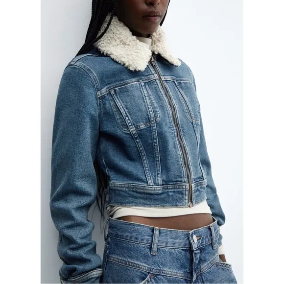 NWT Mango Mng Gio Sherpa Shearling Collar Zip Up Biker Moto Denim Jacket Blue XL
