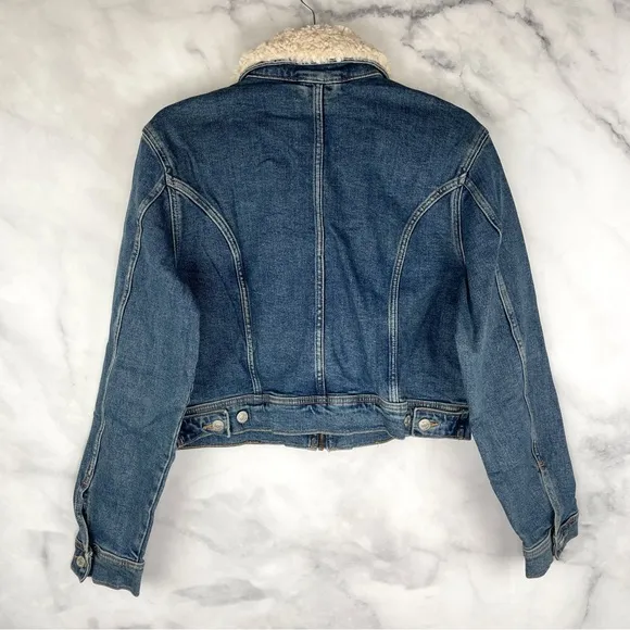 NWT Mango Mng Gio Sherpa Shearling Collar Zip Up Biker Moto Denim Jacket Blue XL