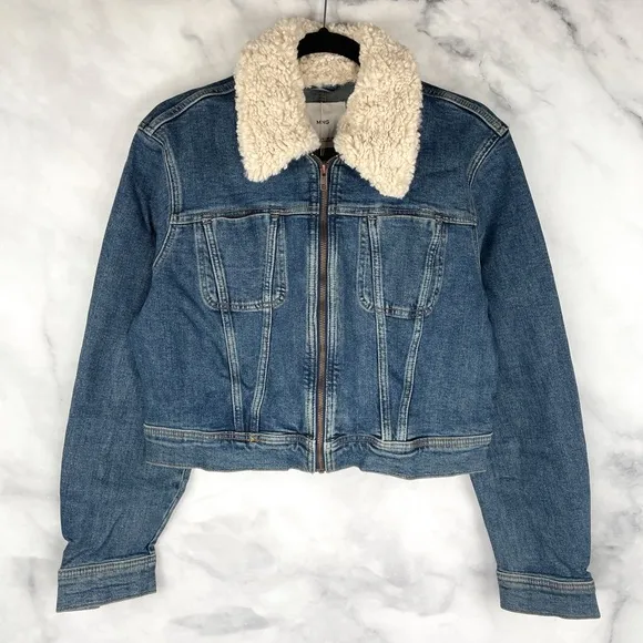 NWT Mango Mng Gio Sherpa Shearling Collar Zip Up Biker Moto Denim Jacket Blue XL