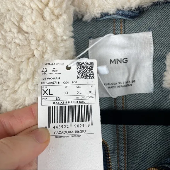 NWT Mango Mng Gio Sherpa Shearling Collar Zip Up Biker Moto Denim Jacket Blue XL