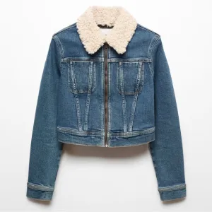 NWT Mango Mng Gio Sherpa Shearling Collar Zip Up Biker Moto Denim Jacket Blue XL