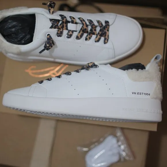 NWT Meadow White Leather &amp; Faux Fur-Trim Sneakers.