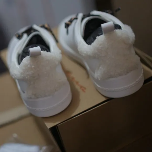 NWT Meadow White Leather &amp; Faux Fur-Trim Sneakers.