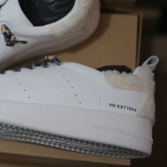 NWT Meadow White Leather &amp; Faux Fur-Trim Sneakers.